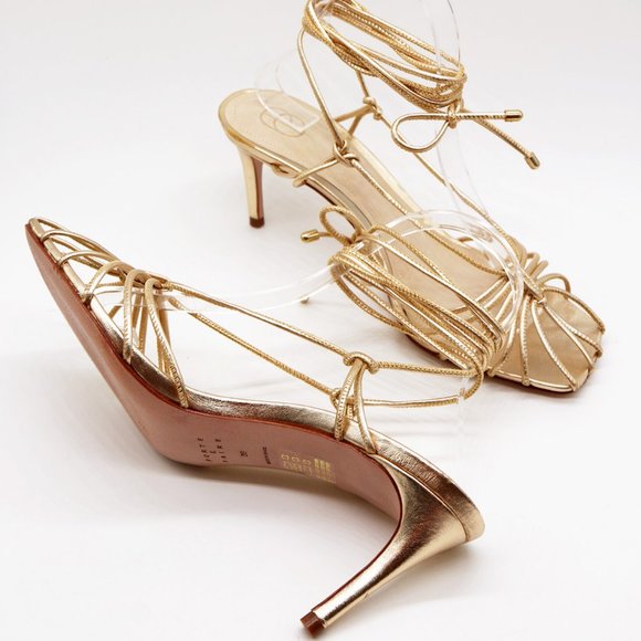 Porte & Paire Net-a-porter Gold Metallic Leather Sandals Lace Up Strappy 39 $280 - Picture 13 of 16